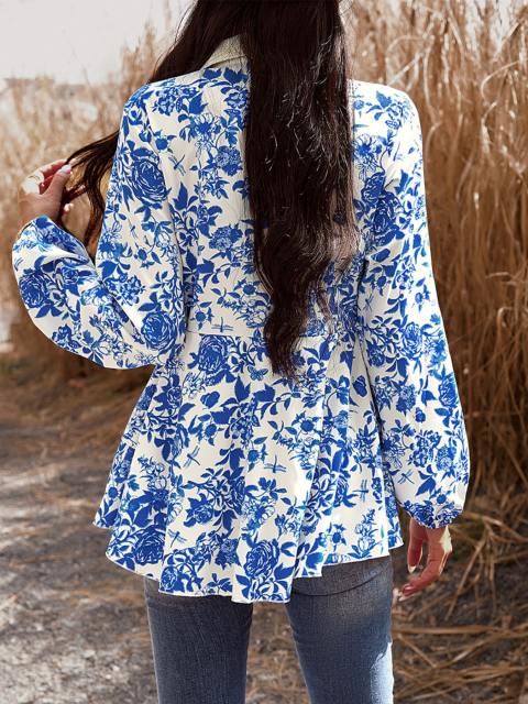 Print Button Front Layer Hem Shirt