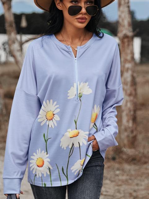 Early Spring Sunflower Print Zipper Sweatshirt