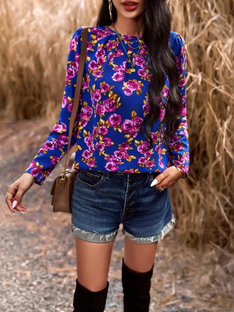Printed Round Neck Backless Blouse