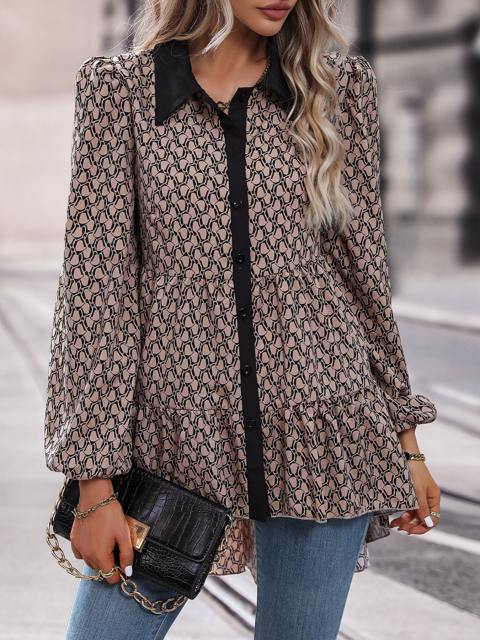 Lantern Sleeve Button Front Tiered Blouse