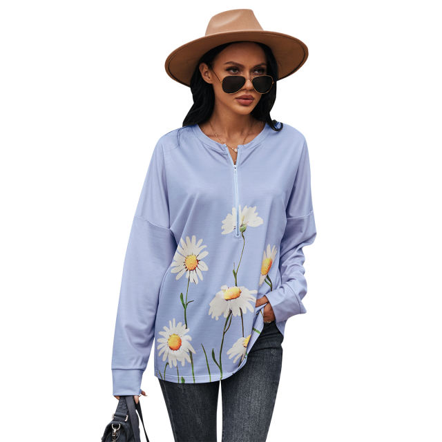 Early Spring Sunflower Print Zipper Sweatshirt