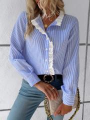 Pinstripe Lace Trim Long Sleeve Blouse