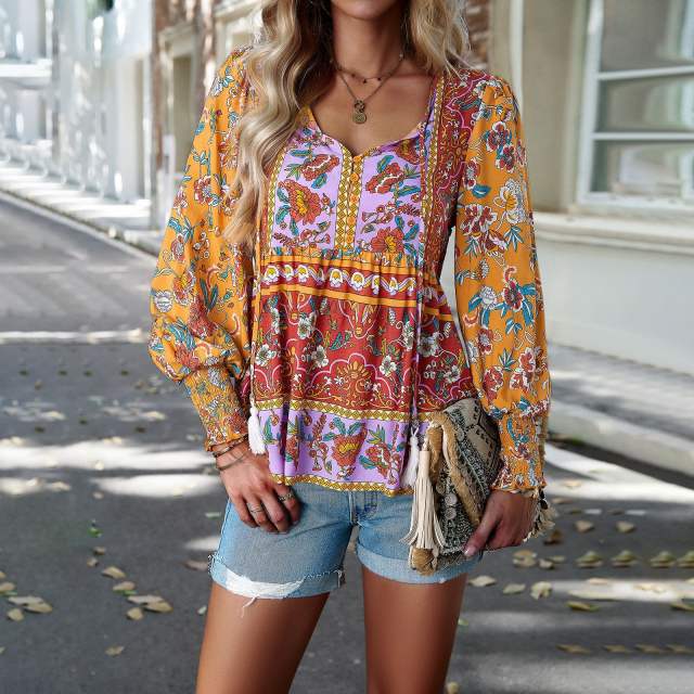 Boho Floral Print Lantern Sleeve Peplum Blouse