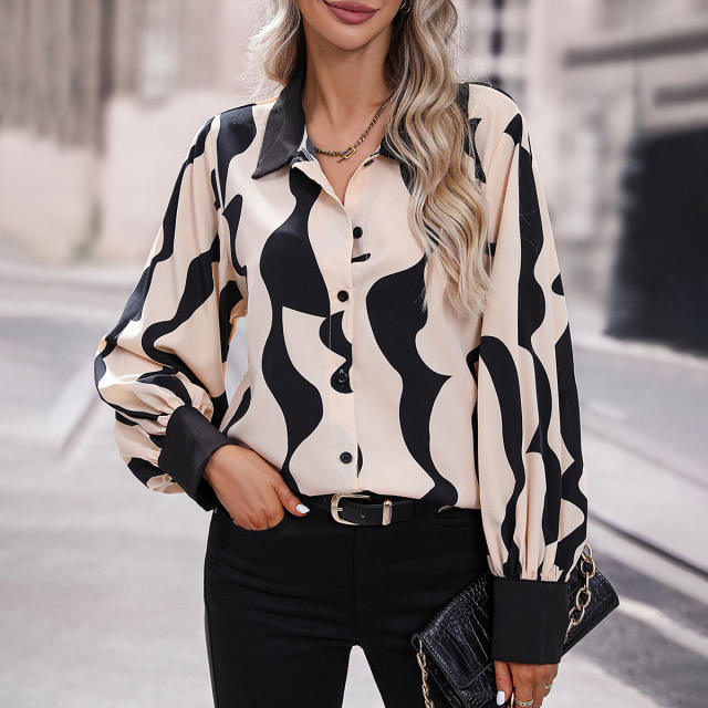 Lapel Printed Button Front Blouse