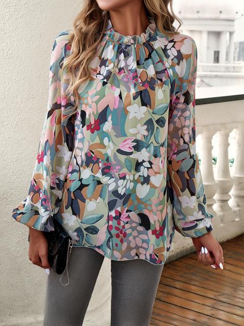 Floral Print Mock Neck Flounce Sleeve Blouse