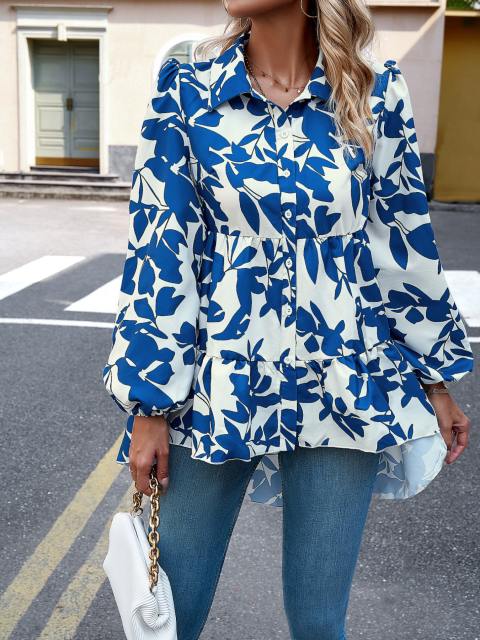 Button Front Asymmetrical Hem Peplum Print Shirt