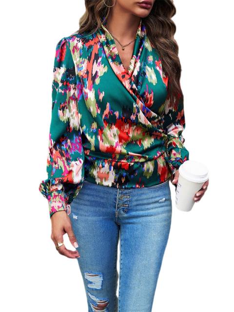 Print Surplice Neck Puff Sleeve Blouse