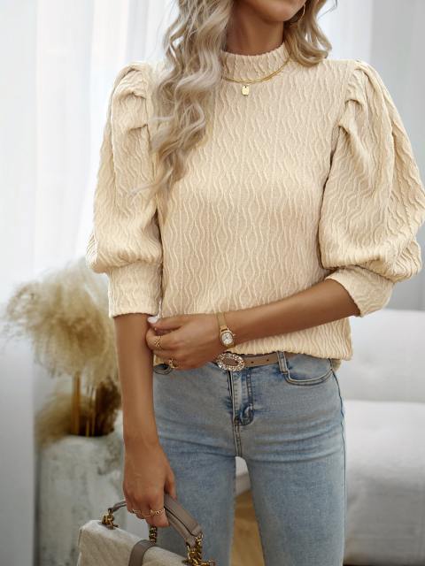 Solid Mock Neck Puff Sleeves Textured Top