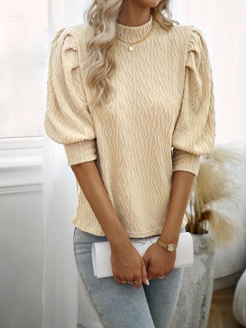 Solid Mock Neck Puff Sleeves Textured Top