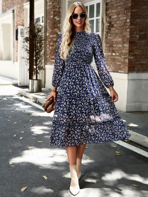 Elegant Floral Print Tiered Long Dress