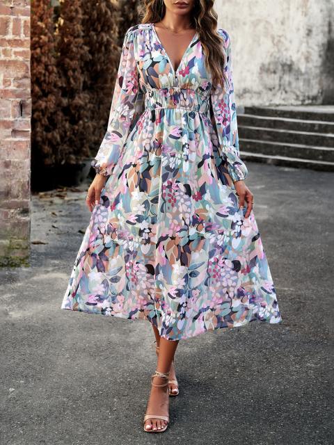 Print V-Neck Long Sleeve Midi Dress