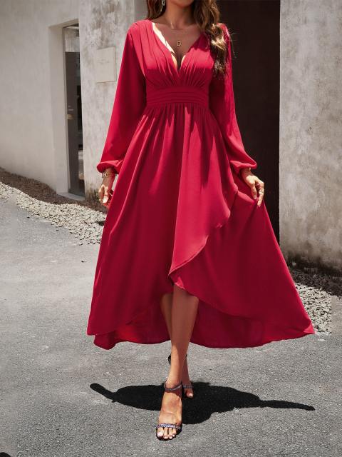 Deep V Neck Puff Sleeve Irregular Dress