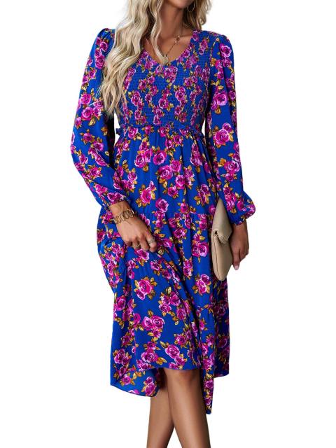 Floral Print V Neck Smocked Midi Dress