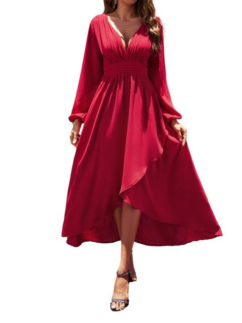 Deep V Neck Puff Sleeve Irregular Dress