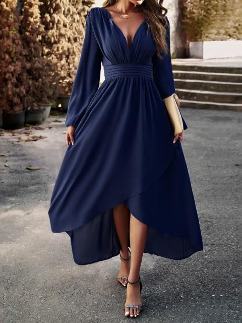 Deep V Neck Puff Sleeve Irregular Dress