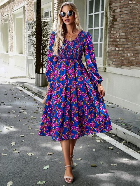 Floral Print V Neck Smocked Midi Dress