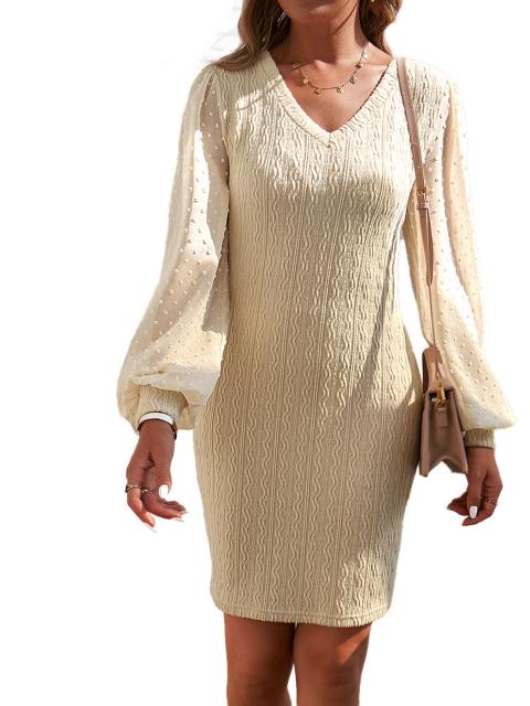 Swiss Dot Lantern Sleeve Knit Bodycon Dress