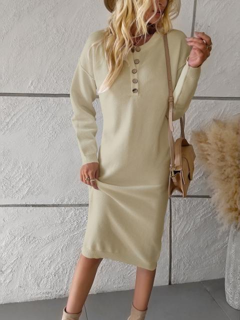 Knit Button Drop Shoulder Midi Dress