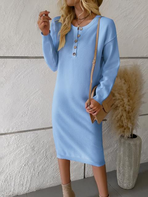 Knit Button Drop Shoulder Midi Dress