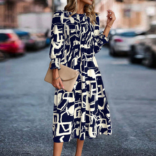 Boho Print Lantern Sleeve Midi Dress