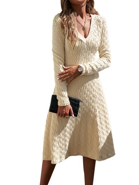 V Neck Textured Cable Knit Sweater Dress