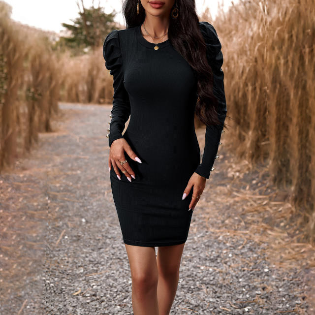 Solid Puff Sleeve Knit Bodycon Dress