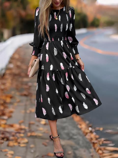 Feather Print Round Neck Ruffle Hem Shirred Dress