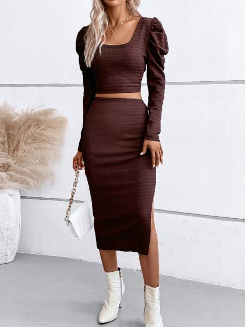 Square Neck Puff Sleeve Top &amp; Split Thigh Skirt