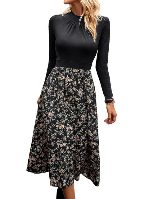 Floral Print Long Sleeve A Line Dress