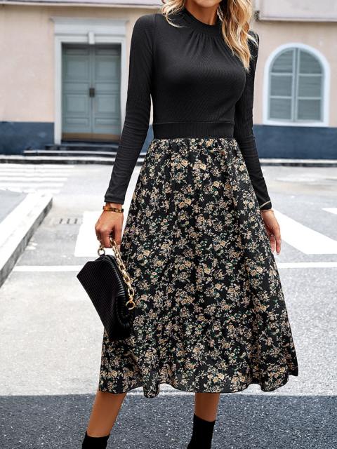 Floral Print Long Sleeve A Line Dress