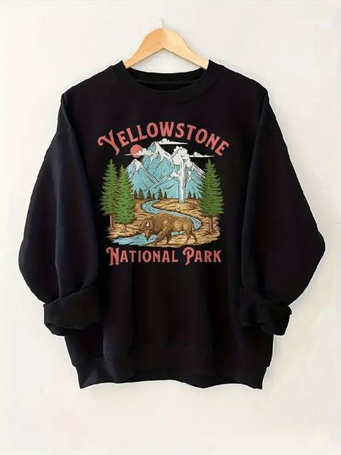 Casual Long Sleeve Yellowstone Print Sweatshirt