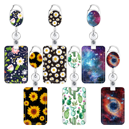 Cactus Print Polyester Lanyard Zinc Alloy Telescopic Star Easy To Pull Out Small Floral Card Card Sleeve