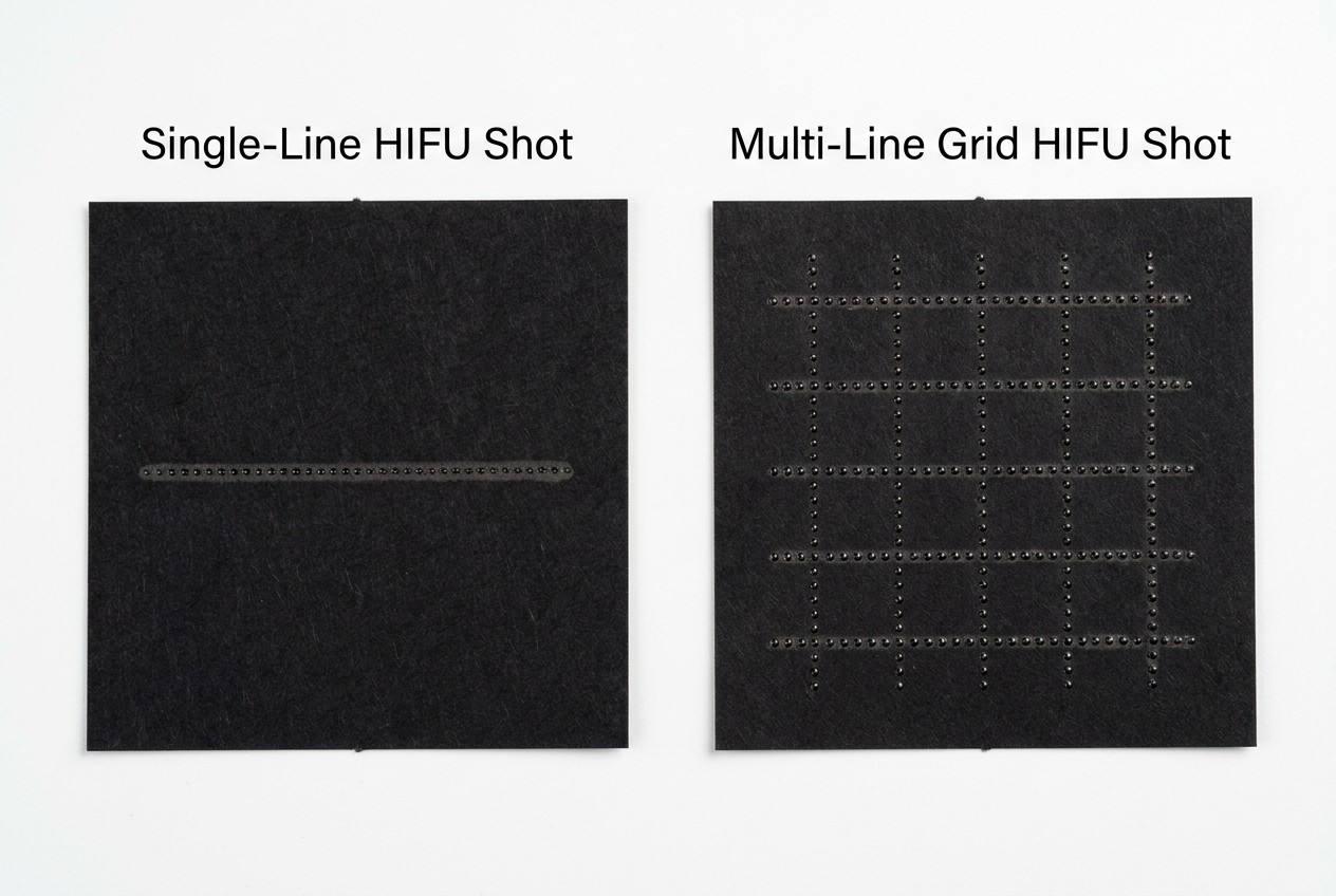 HIFU machine thermal dot pattern comparison: single-line vs multi-line grid shot