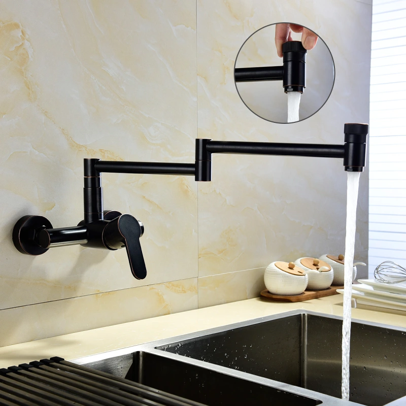 Tecmolog Wall Mount Kitchen Faucet, Brass 360° Rotatable Folding Lengthened Sink Taps BNA1211B/BC1211B/BR1211B/BB1211B