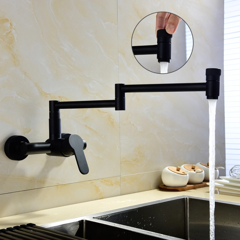 Tecmolog Wall Mount Kitchen Faucet, Brass 360° Rotatable Folding Lengthened Sink Taps BNA1211B/BC1211B/BR1211B/BB1211B