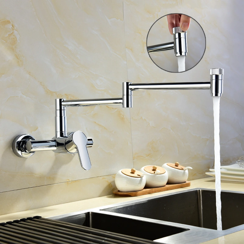 Tecmolog Wall Mount Kitchen Faucet, Brass 360° Rotatable Folding Lengthened Sink Taps BNA1211B/BC1211B/BR1211B/BB1211B