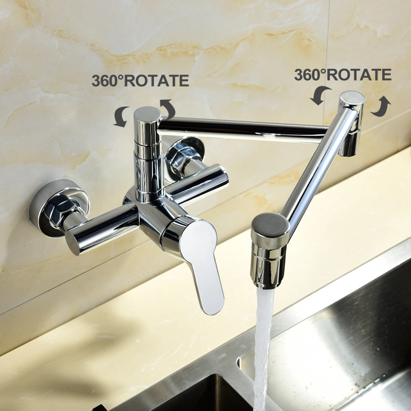 Tecmolog Wall Mount Kitchen Faucet, Brass 360° Rotatable Folding Lengthened Sink Taps BNA1211B/BC1211B/BR1211B/BB1211B