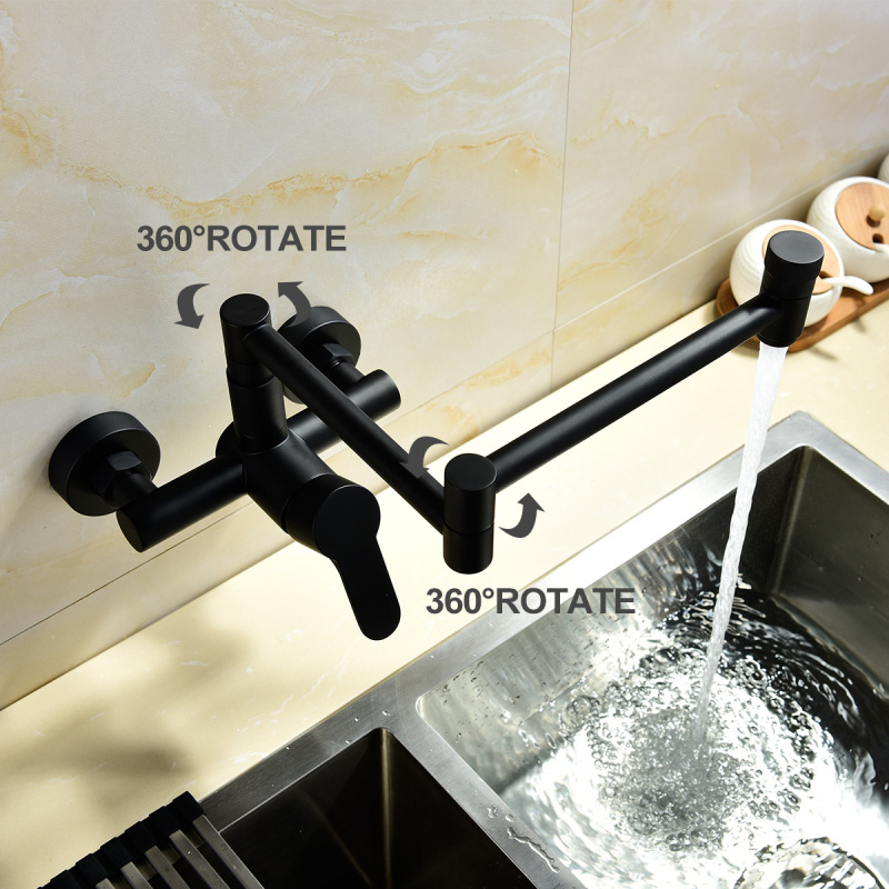 Tecmolog Wall Mount Kitchen Faucet, Brass 360° Rotatable Folding Lengthened Sink Taps BNA1211B/BC1211B/BR1211B/BB1211B