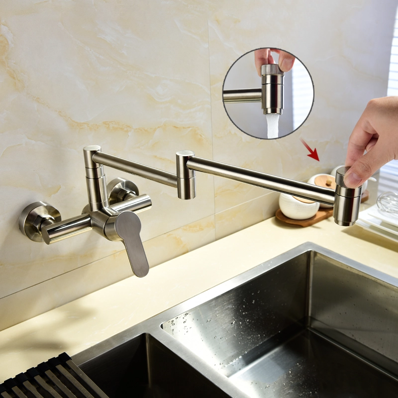 Tecmolog Wall Mount Kitchen Faucet, Brass 360° Rotatable Folding Lengthened Sink Taps BNA1211B/BC1211B/BR1211B/BB1211B