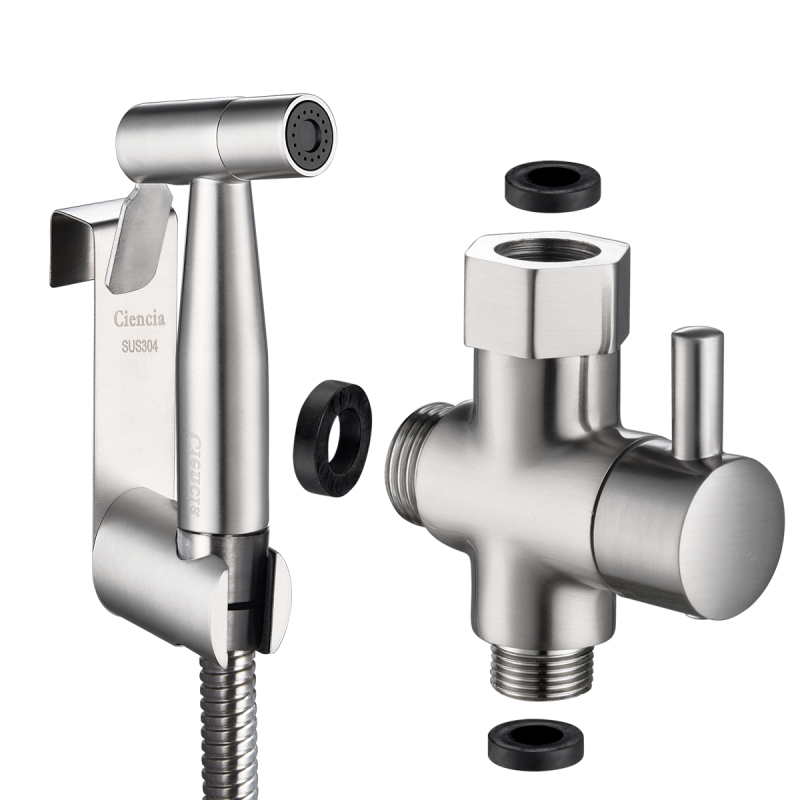 Tecmolog Hand Held Bidet Sprayer Shattaf Stainless Steel Cloth Diaper Sprayer Set with 3/8” T Valve and Bracket Holder, Brushed Nickel WS024F8