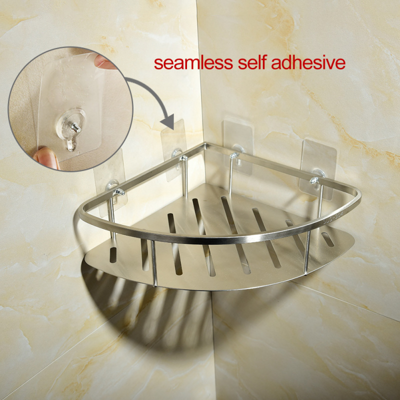 Tecmolog Stainless Steel Single Tier Triangle Shelf, Self Adhesive Cup Basket,  Bathroom Corner Drilling Holder SBH155D/SBH155E