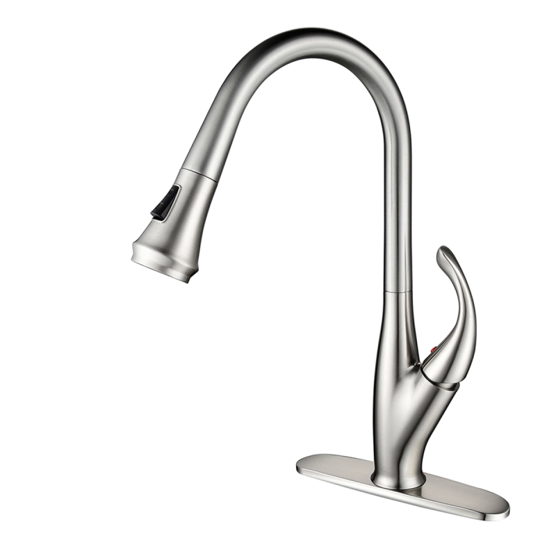 Tecmolog Brass Brushed Nickel Deck Mounted Faucet, Kitchen Mixer Tap with 360° Rotating Pull Out Sprayer BNA1225