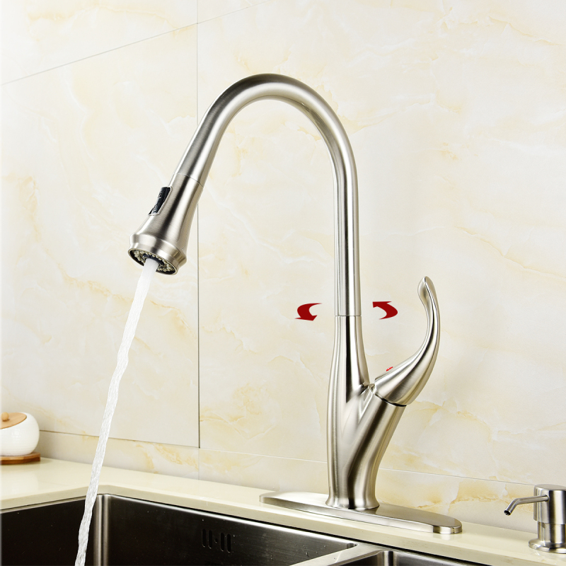 Tecmolog Brass Brushed Nickel Deck Mounted Faucet, Kitchen Mixer Tap with 360° Rotating Pull Out Sprayer BNA1225