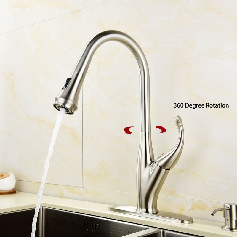 Tecmolog Brass Brushed Nickel Deck Mounted Faucet, Kitchen Mixer Tap with 360° Rotating Pull Out Sprayer BNA1225