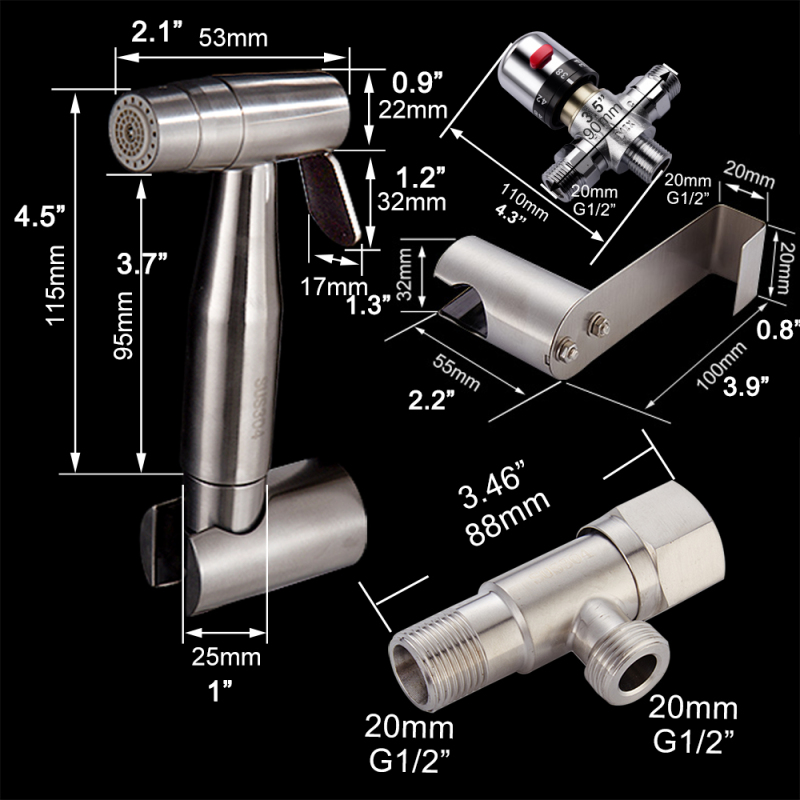 Tecmolog Bidet Spray Kit Stainless Steel Diaper Sprayer for Toilet, Hand Held Sprayer with Thermostatic Mixing Valve WS024AF1A