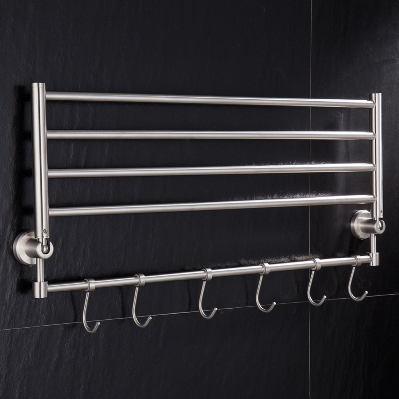 Tecmolog Stainless Steel Brushed Nickle Lead-Free Foldable Towel Rack With Hooks, More Space-Saving Wall Mounted Towel Bar, Bathroom SBH066A