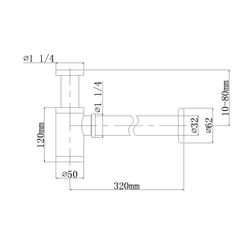 Tecmolog Brass Round Bottle Trap, Bathroom Sink Waste Trap, Drain Tube Adjustable P Trap,  Black/Chrome, WT07B/WT07