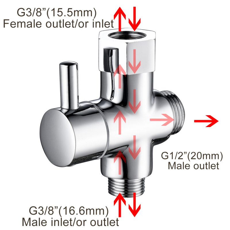 Tecmolog 3 Way Diverter Valve Brass Shut Off Valve 3/8”-12/17 T Adapter for Toilet Water Line DSF007D/DSF007DNA/DSF007DB