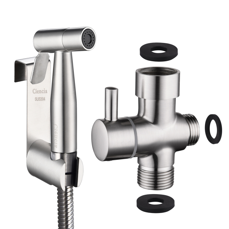 Tecmolog Stainless Steel Toilet Bidet Sprayer Set,  Bidet Shattaf Set with Hose, Holder and G 7/8 Diverte WS024FM