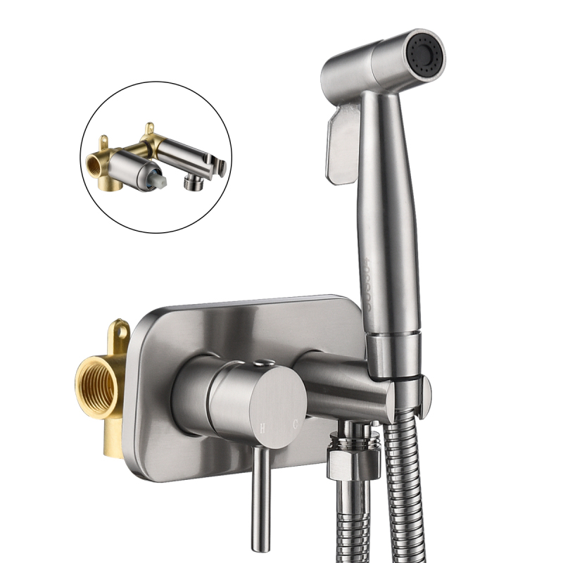 Tecmolog Stainless Steel Bathroom Bidet Sprayer Set, Hot and Cold Concealed Bidet Sprayer Kit for Toilet, Brushed Nickel/Black, WS024F9/WS024CF3